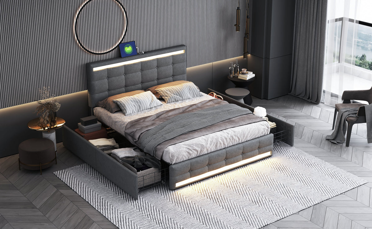 Upholstered Bed 140x200, LED, 4 Drawers, 2 USB Charging Stations, Linen Fabric Gray