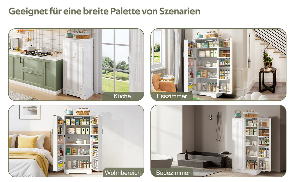 Multifunctional Kitchen Cabinet with LED Sensor Light and Adjustable Shelves, White