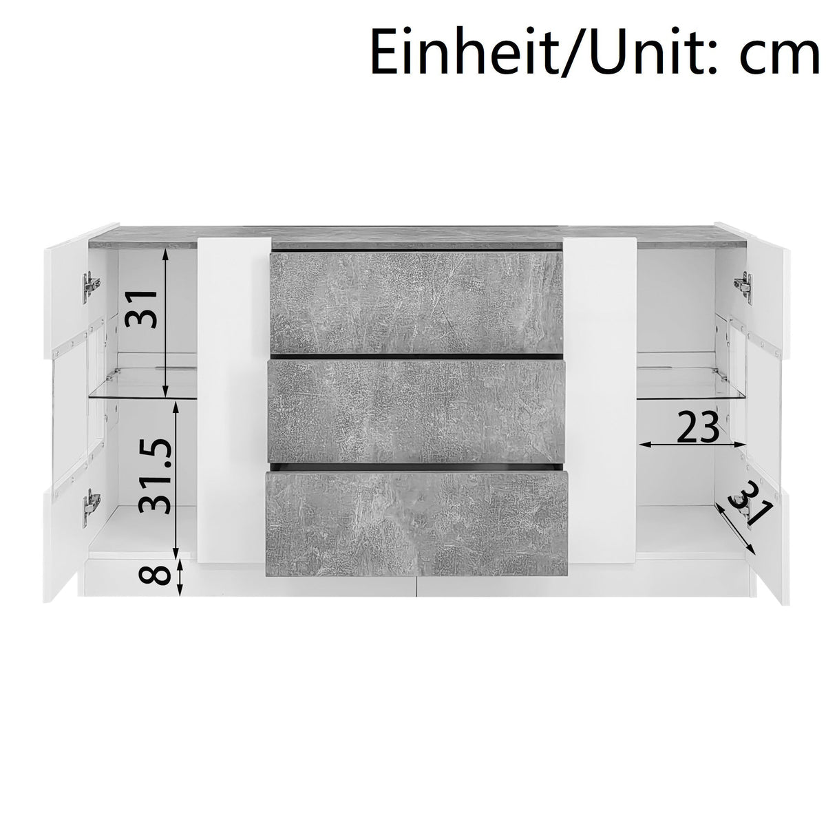 Sideboard, 2 Doors 3 Drawers LED Lighting, High-Gloss White & Grey Marble