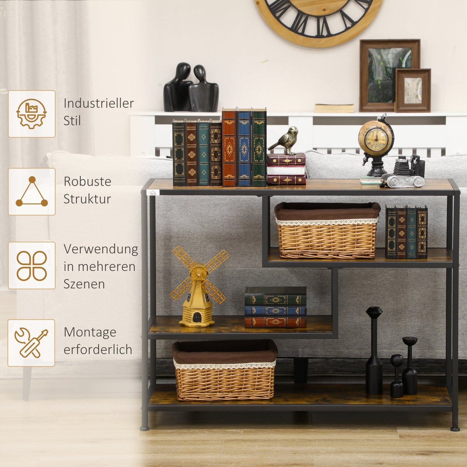 Side Table Narrow 4 Levels Anti-Tip Industrial Design Black Steel