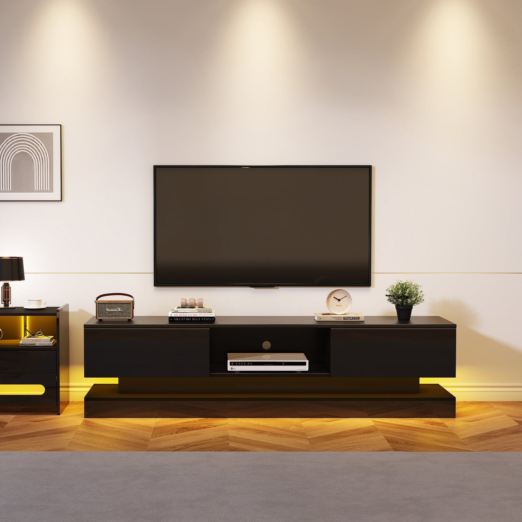 TV Stand 160cm LED Lighting 2 Drawers App Control Anti-Tip High-Gloss Black