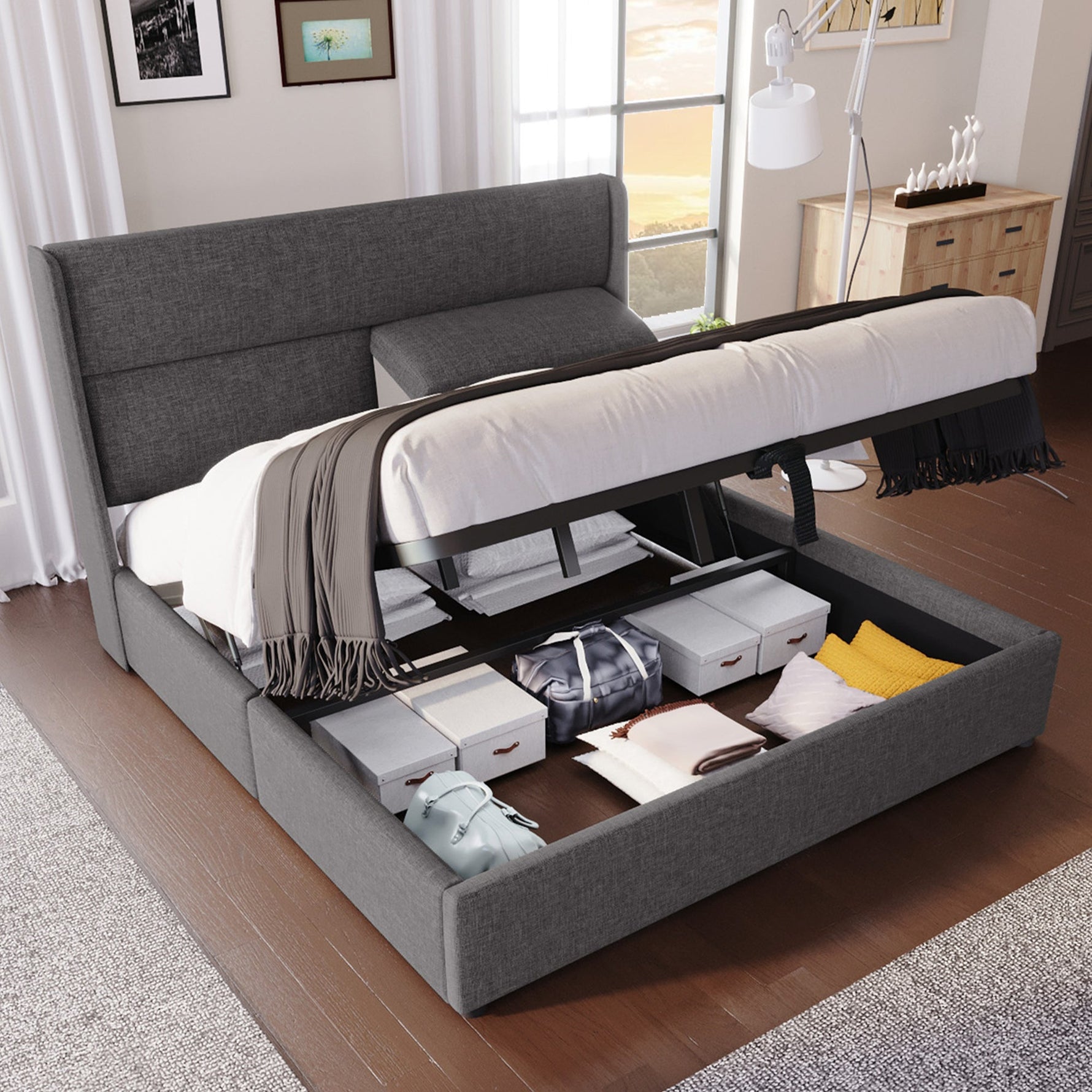 Upholstered Double Bed 180x200cm Hydraulic Storage Adjustable Headrest Linen Grey