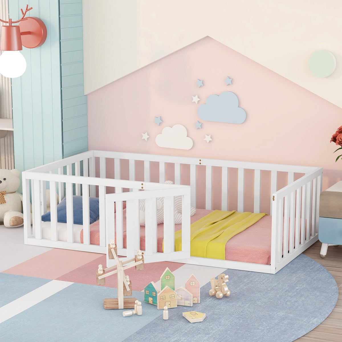 Children's Bed 90x200 Wooden Frame with Railing & Door, White