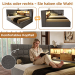 Upholstered Single Bed with LED, Hydraulic Storage and L-Shaped Headboard, 90x200cm, Grey Linen