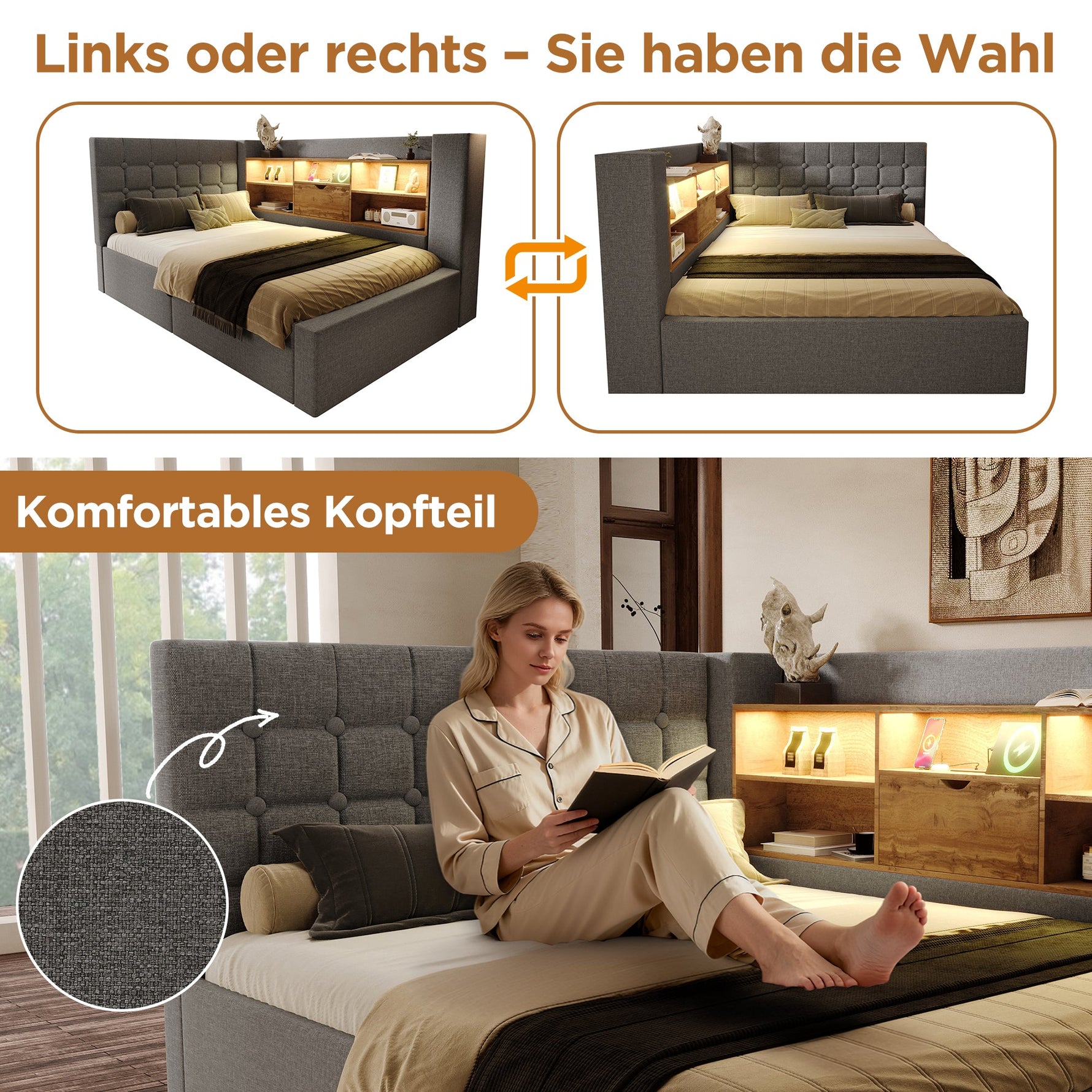 Upholstered Single Bed with LED, Hydraulic Storage and L-Shaped Headboard, 90x190cm, Grey Linen Fabric