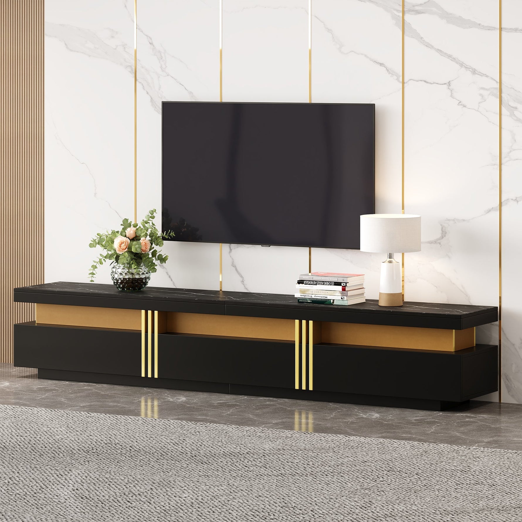 Lowboard TV Cabinet, Modern Marble Look with 3 Drawers, for up to 90-inch TVs