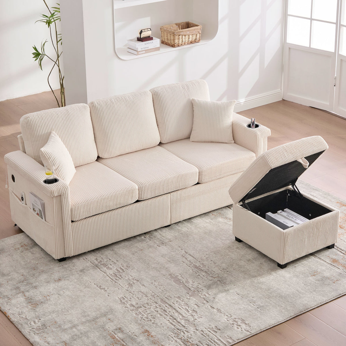 Velvet Sofa, LED USB-C Storage Footrest Cup Holders, Beige