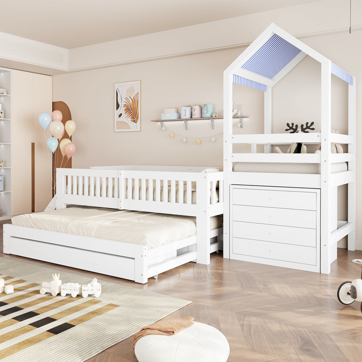 Kids House Bed with Pull-Out Bed, Drawers & Stairs, White