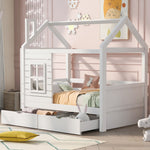 House Bed with Fall Protection, Window and Slatted Base, 80x160cm, White Solid Wood