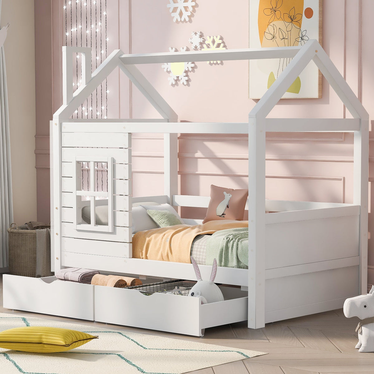 House Bed with Fall Protection, Window and Slatted Base, 80x160cm, White Solid Wood