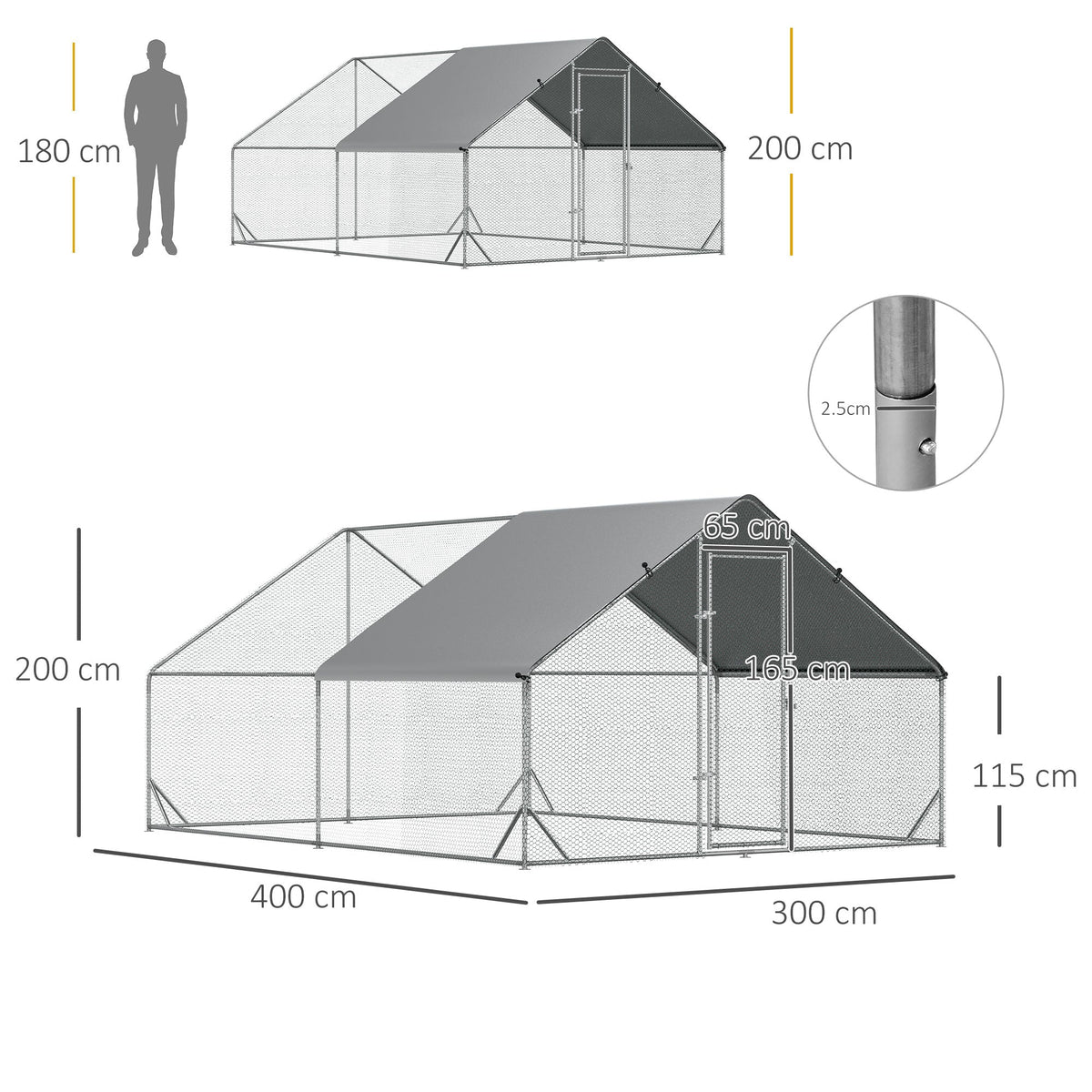 XXL Chicken Coop Run Shaded Roof Lock for 8-12 Poultry, Steel 3x4x2m