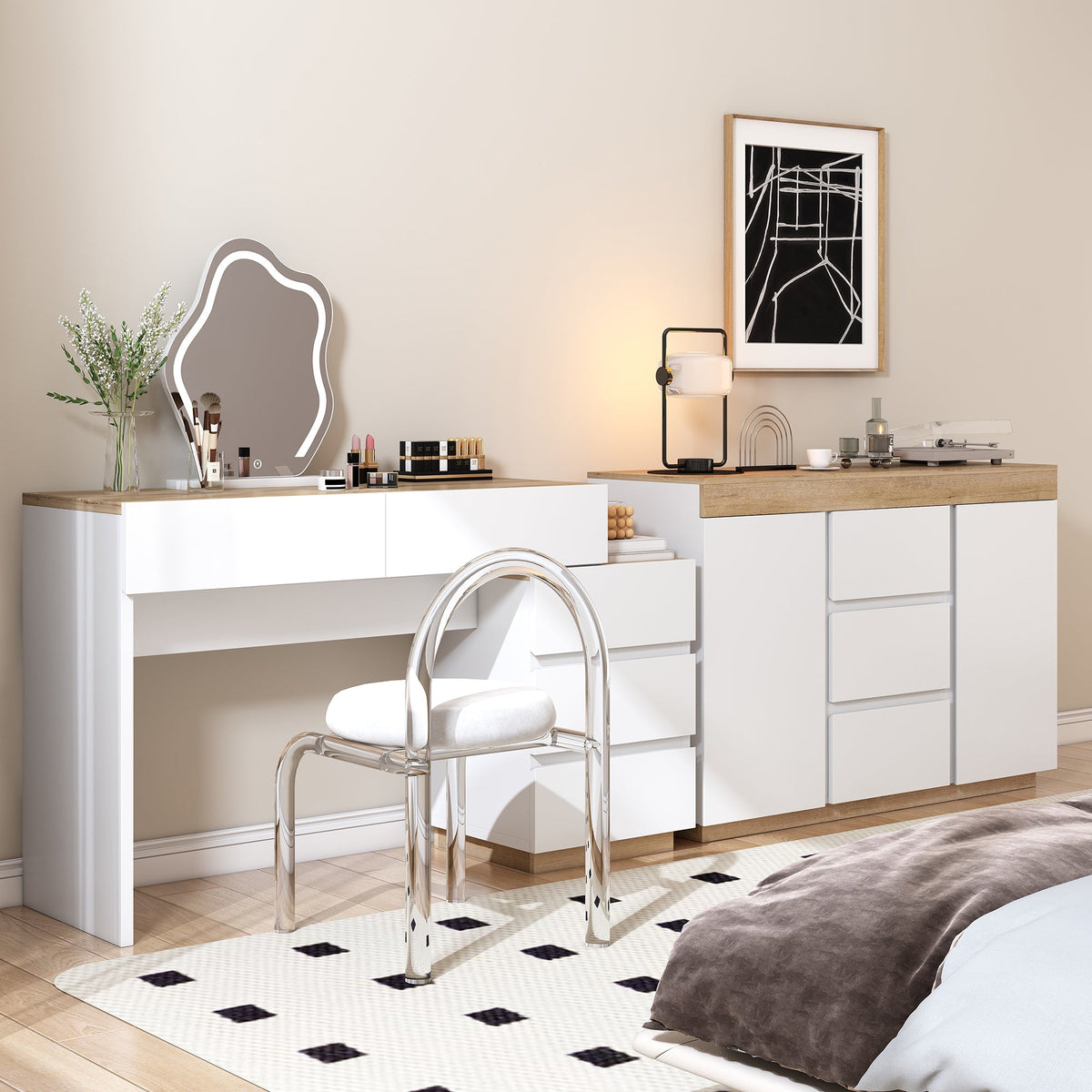 Desk and Dressing Table with 5 Storage Drawers, White and Oak