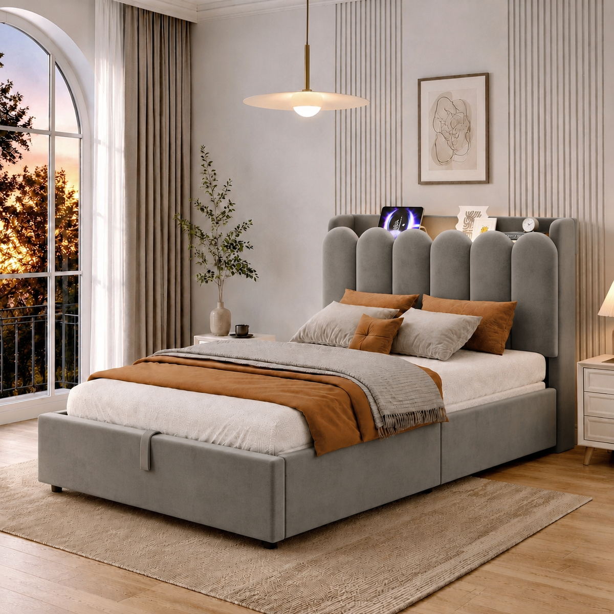 Upholstered Bed 90x200cm with Storage & USB, Grey Velvet