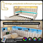 Upholstered Bed 90x200 with Trundle, LED & USB, Beige Linen