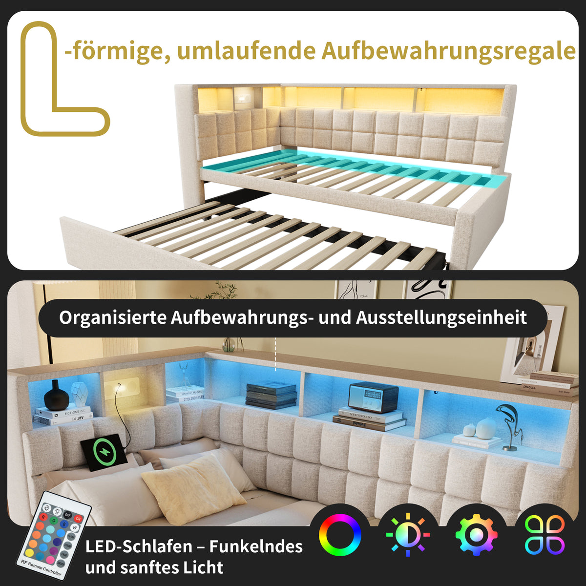 Upholstered Bed 90x200 with Trundle, LED & USB, Beige Linen