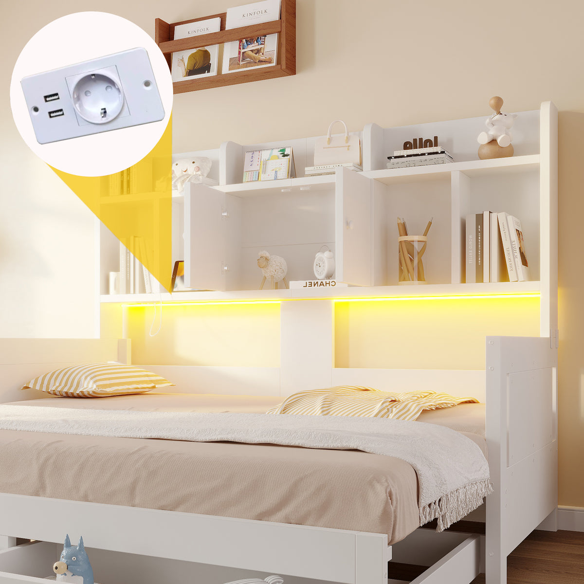 Extendable Wooden Sofa Bed with Storage Drawers & LED - White