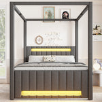 Upholstered Four-Poster Bed 140x200cm, Pull-Out & 3 Drawers, Grey