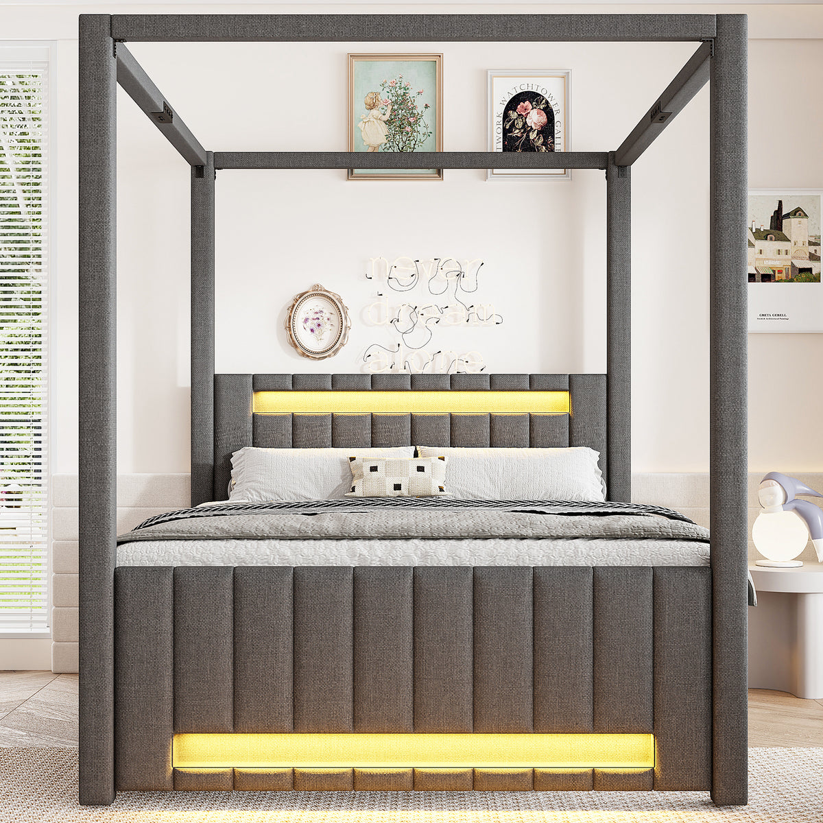 Upholstered Four-Poster Bed 140x200cm, Pull-Out & 3 Drawers, Grey