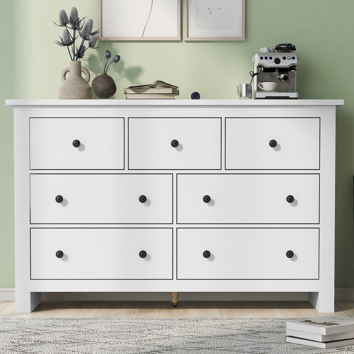 Dining Cabinet, Modern Minimalist 7-Drawer Buffet, White