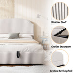 Upholstered Bed 140x200 with Hydraulic Storage and Wide Headboard, Striped Fabric White and Coffee