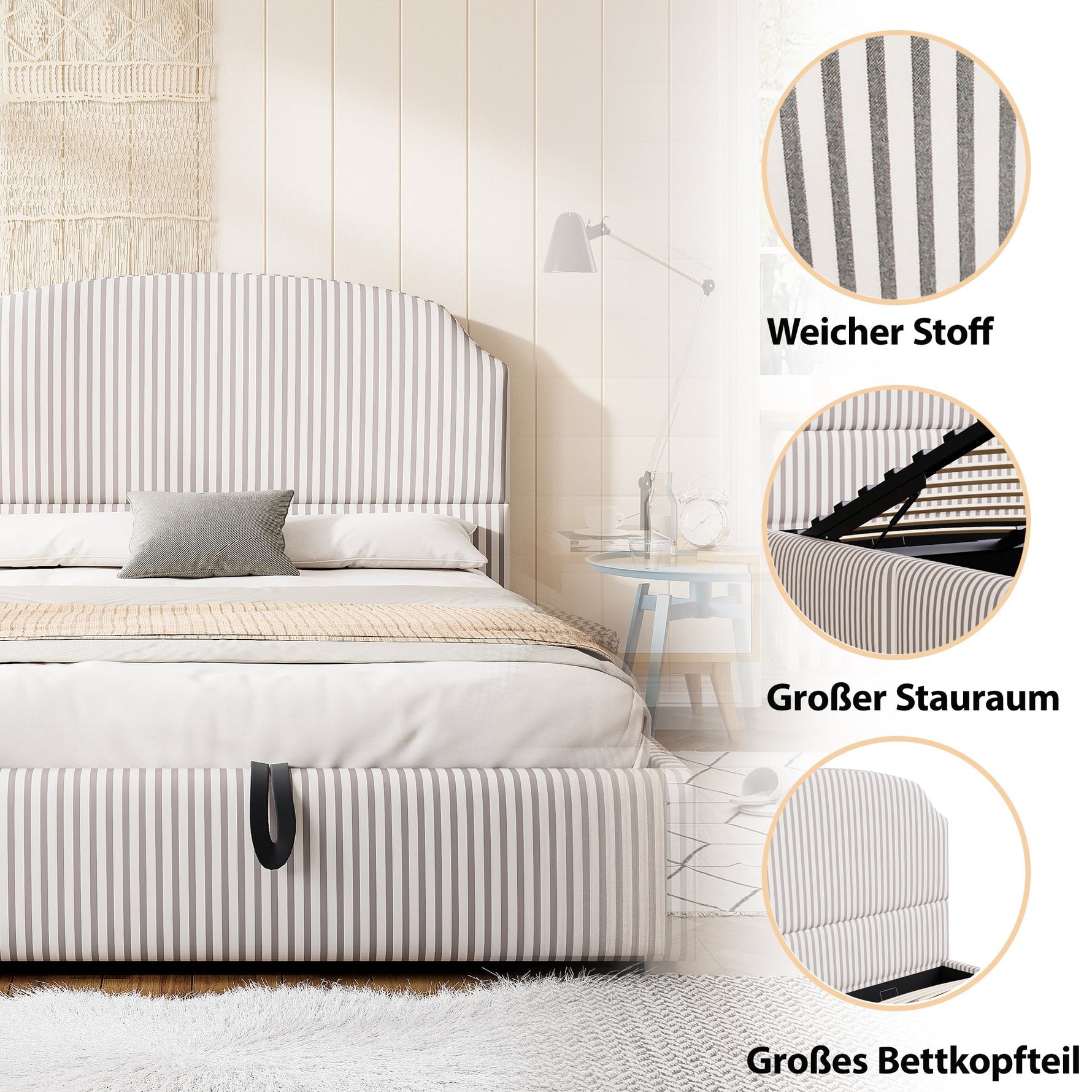 Upholstered Bed 140x200 with Hydraulic Storage and Wide Headboard, Striped Fabric White and Coffee