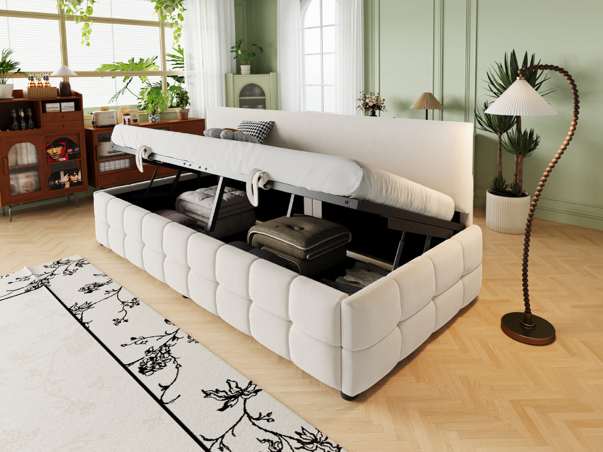 Upholstered Single Sofa Bed 90x200cm Hydraulic Storage Check Pattern - Beige Velvet