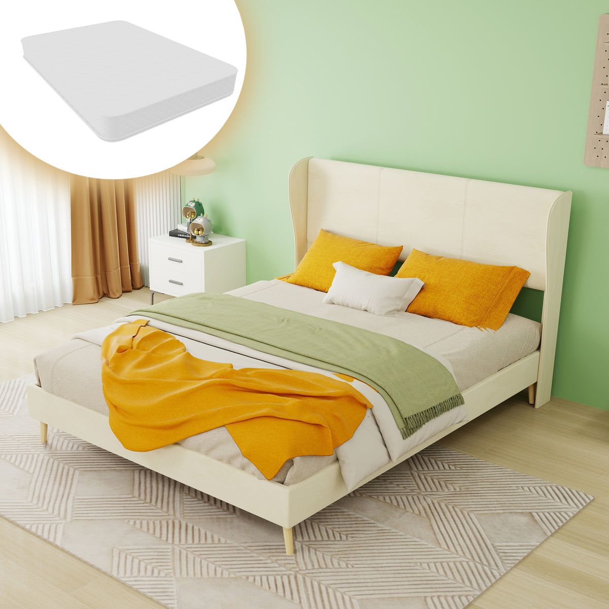 Upholstered Bed with Soft Headboard & Mattress, 140x200 cm, Beige