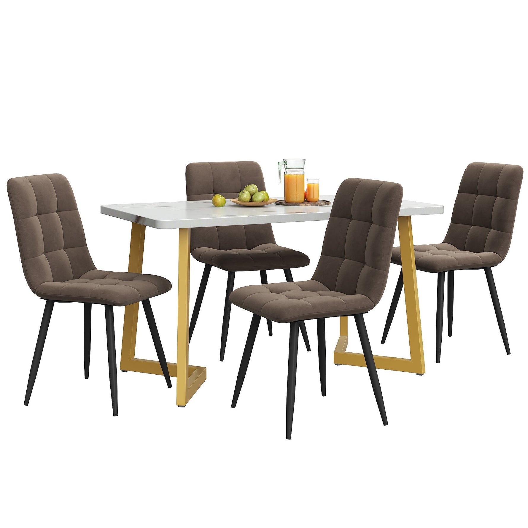 Dining Set 5-Piece Rectangular Modern Kitchen Table 4 Chairs Brown Velvet Gold Legs