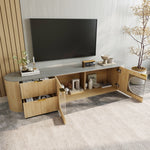 Modern Minimalist TV Cabinet with 3D Stripes and Glass Display, Wood Look and Grey Glass