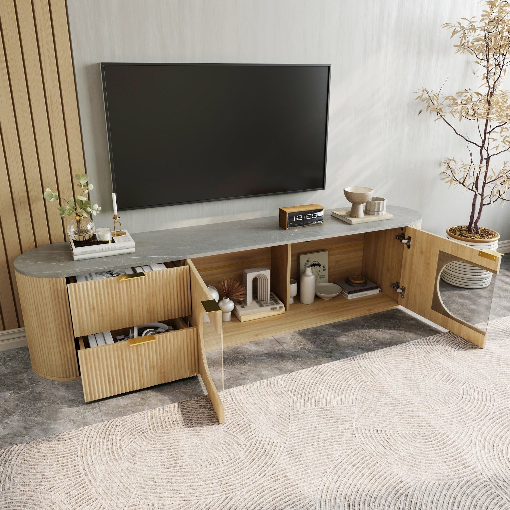 Modern Minimalist TV Cabinet with 3D Stripes and Glass Display, Wood Look and Grey Glass