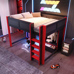 Gaming Loft Bed 140x200cm with Desk & LED, Black + Red