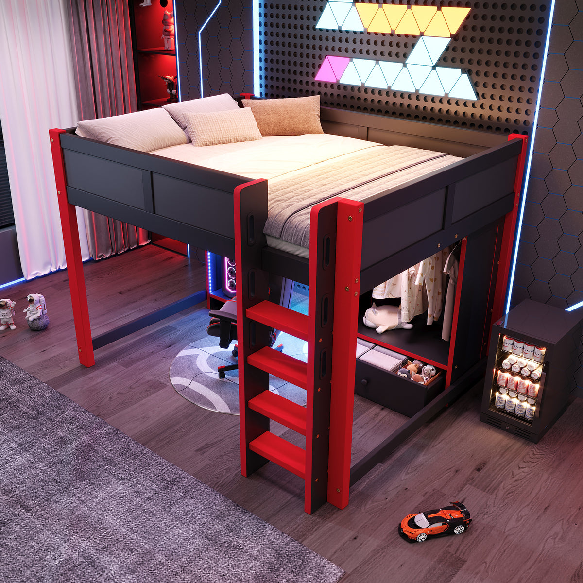 Gaming Loft Bed 140x200cm with Desk & LED, Black + Red