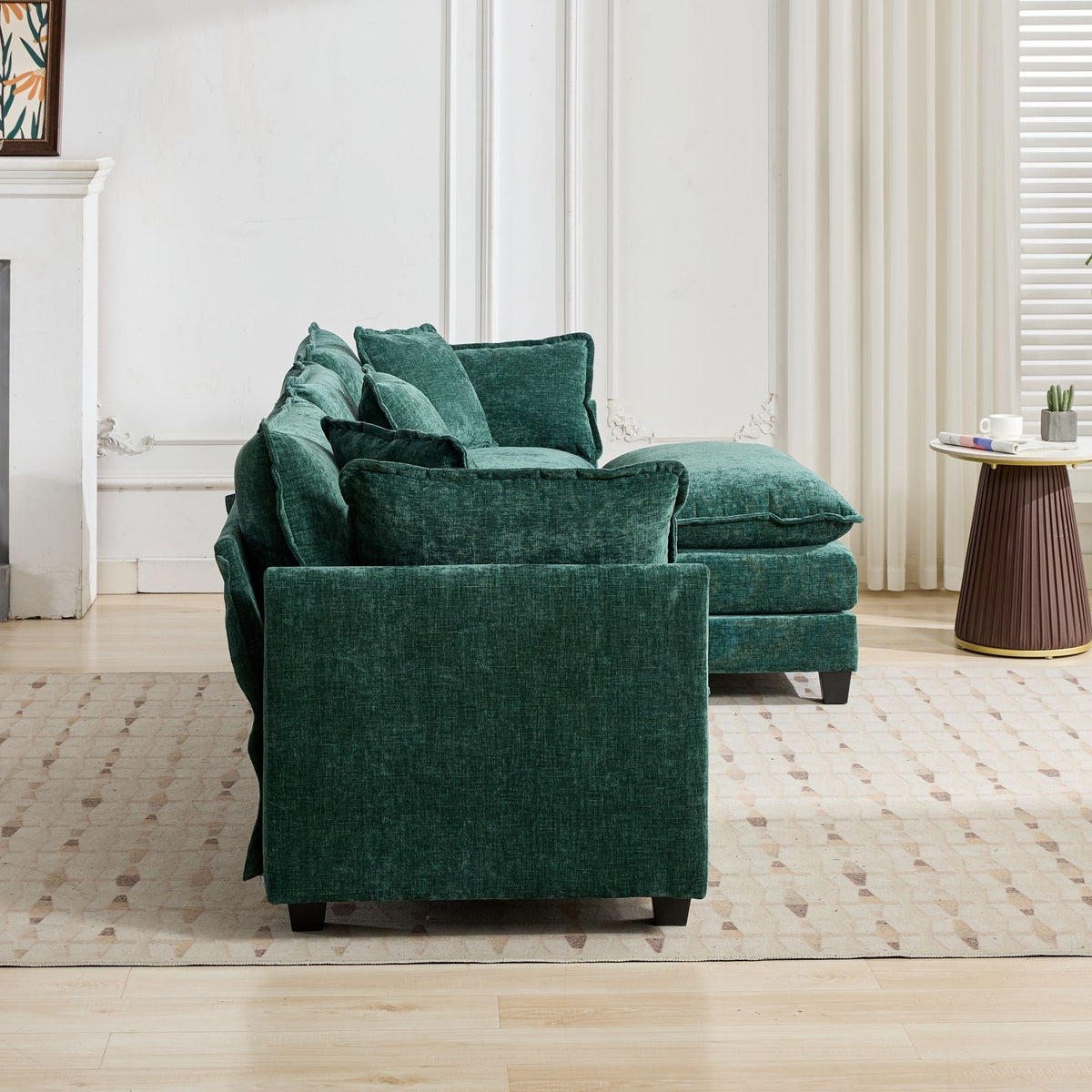 Cloud Sofa 3-Seat Sectional Couch with Double Layer Upholstered Cushion, Green Chenille Fabric