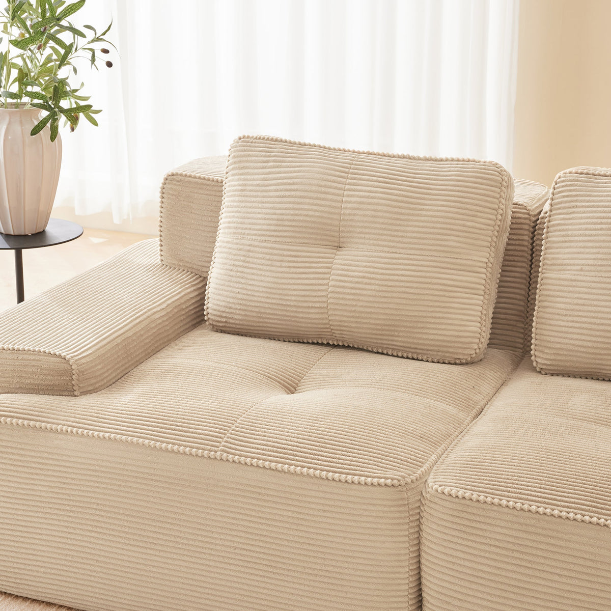 Boneless Modular Sofa L-Shape Deep Seat Sleeper with Ottoman Corduroy Beige