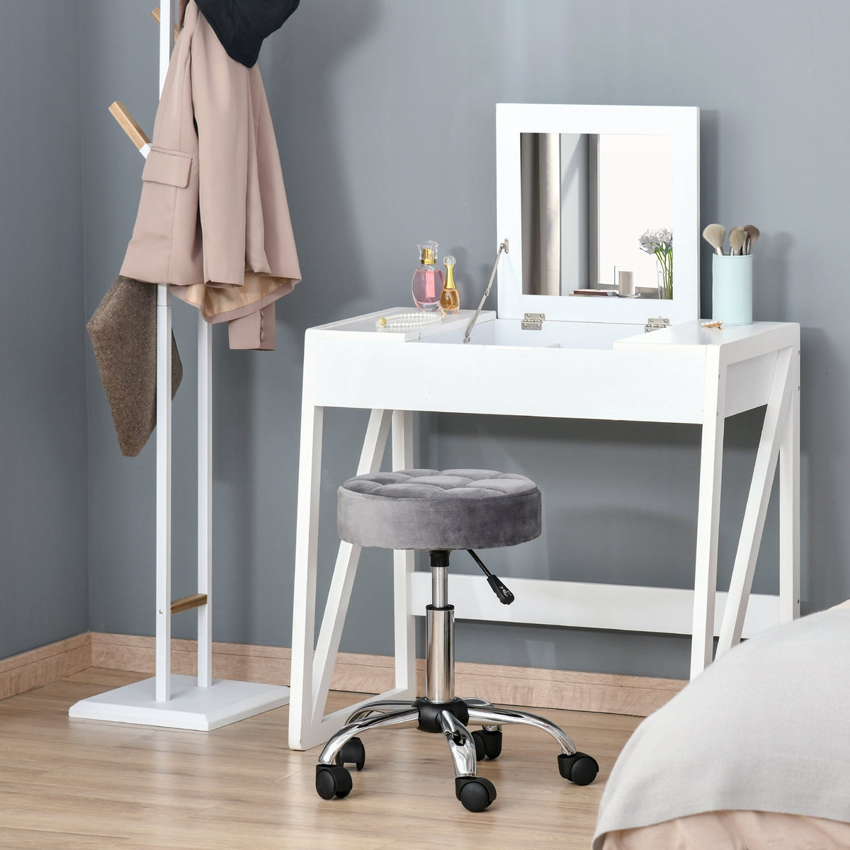 Salon Chair/Stool, Height-Adjustable Swivel with Wheels, Velvet Touch Grey