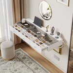 Wall-Mounted Vanity Table with 3 Drawers & Glass Top, White