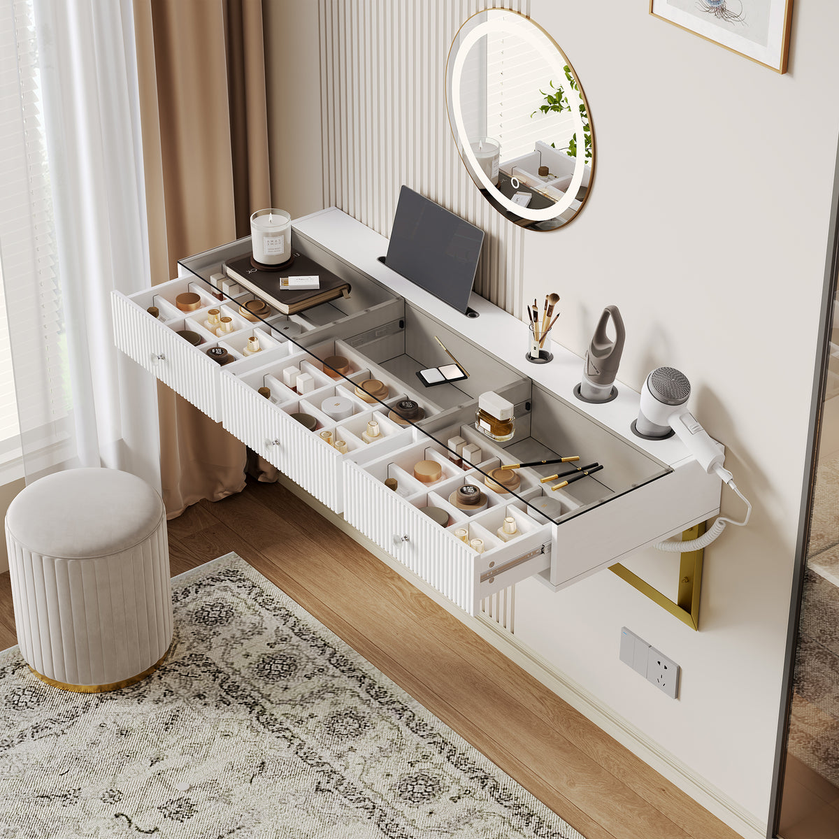 Wall-Mounted Vanity Table with 3 Drawers & Glass Top, White
