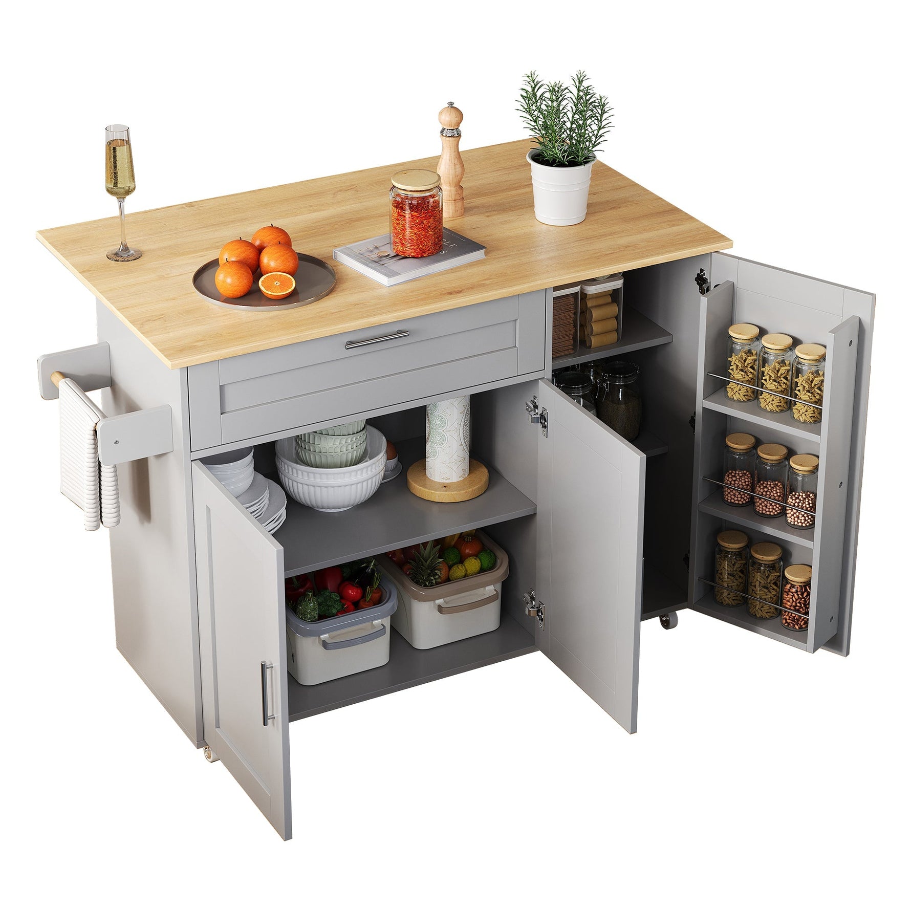 Mobile Kitchen Table Folding Top Storage Wheels - Oak Grain