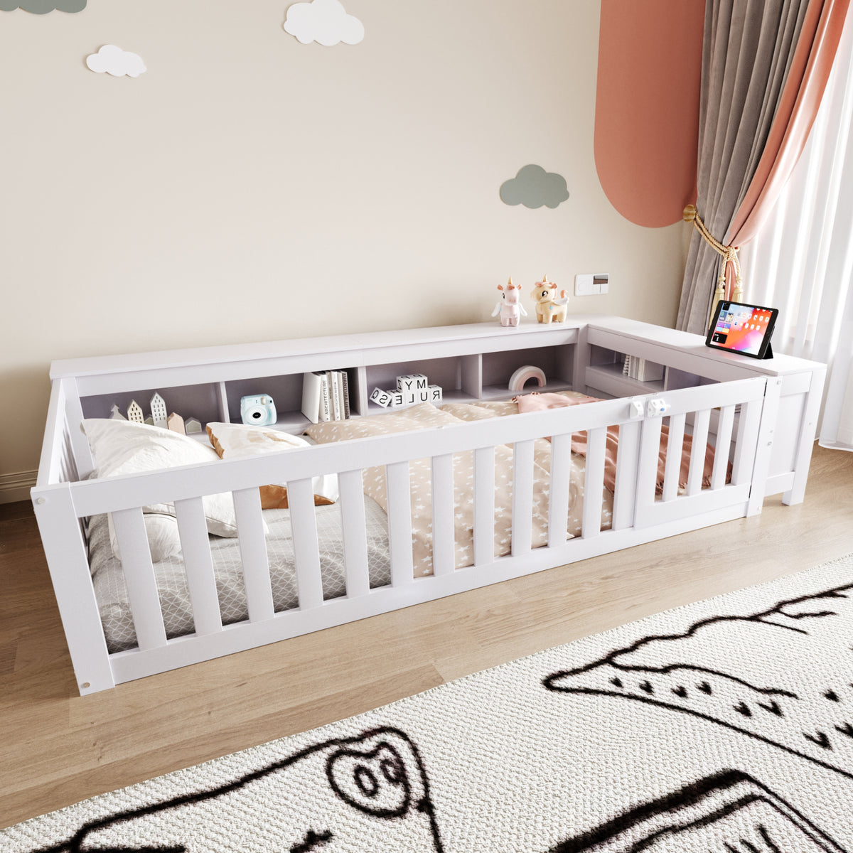 Kids Bed 90x200cm with Storage & Safety Rail, Solid Wood White