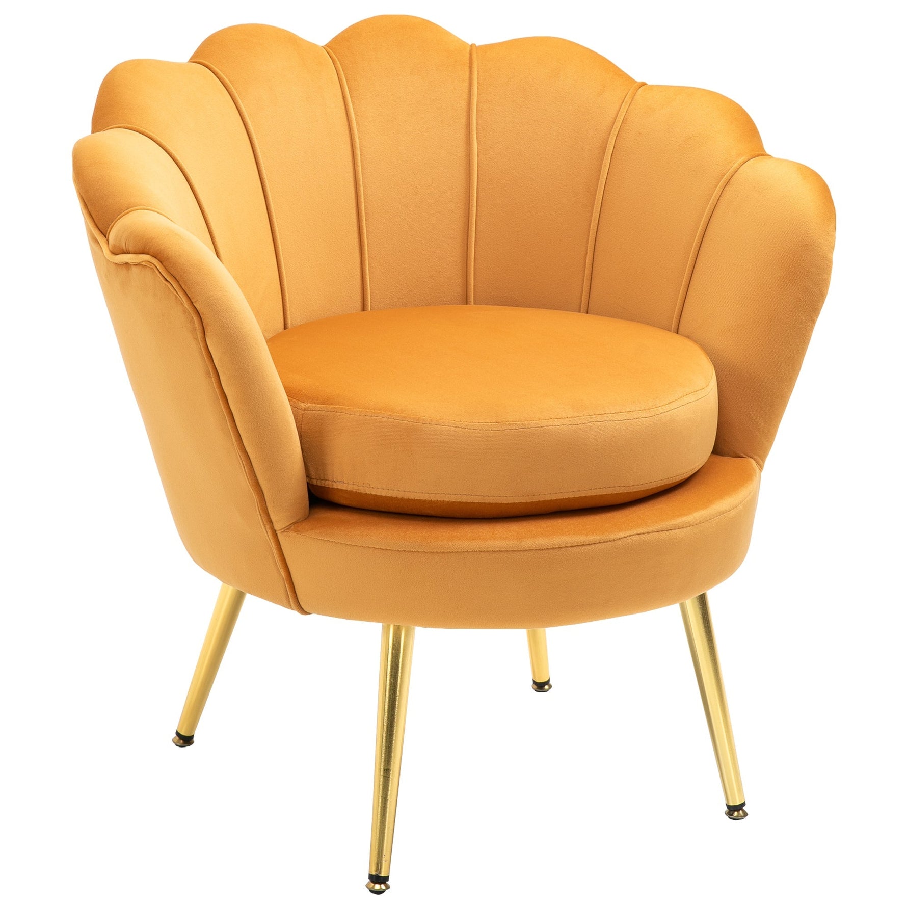 Armchair Upholstered, Shell Shape Relaxing, Metal Legs, Velvet, Yellow