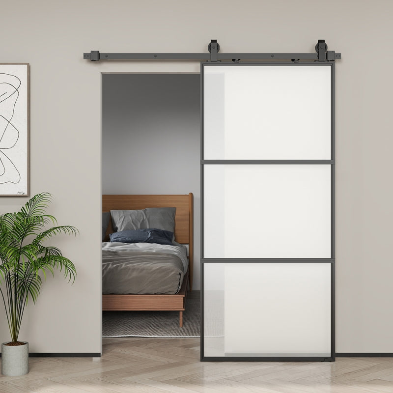 Sliding Door, Frosted Glass Soft-Close Track System, Steel Black