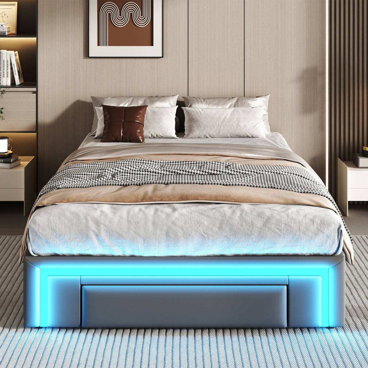Bed Frame 90x200 Drawers LED Light Metal Slat Platform PU Leather, Grey