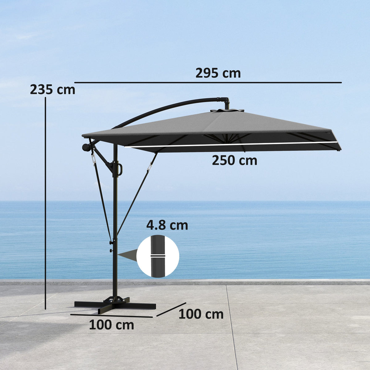 Cantilever Parasol Ø260 cm UV 50+ Water-Repellent, Tiltable, Grey