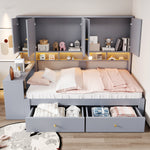 Multifunctional Bed 90x200cm with Desk, Storage & LED, Grey Wood