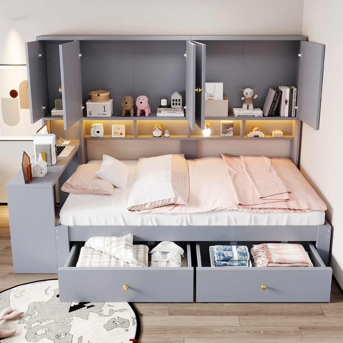 Multifunctional Bed 90x200cm with Desk, Storage & LED, Grey Wood
