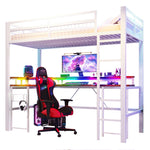 Loft Bed with Desk and LED Lights, USB Ports and Pegboard, White Iron Frame