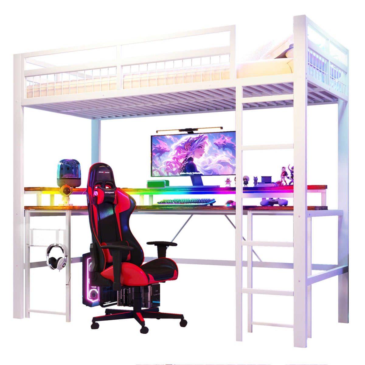 Loft Bed with Desk and LED Lights, USB Ports and Pegboard, White Iron Frame