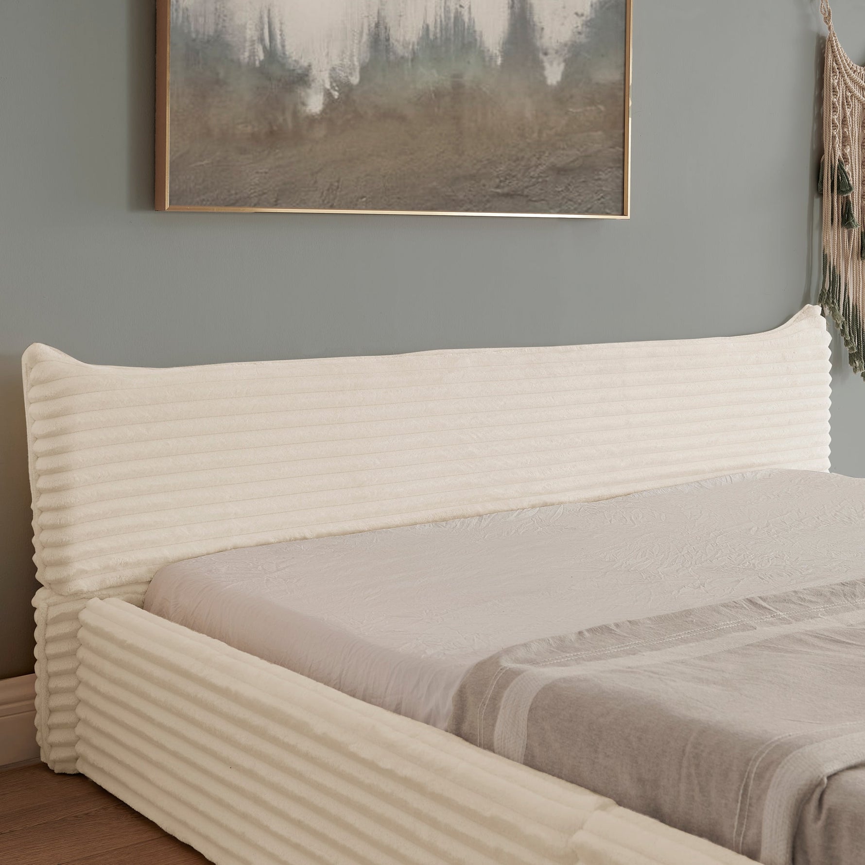 Double Bed 140x200cm, Corduroy Cover, Eucalyptus Wood Frame, Beige
