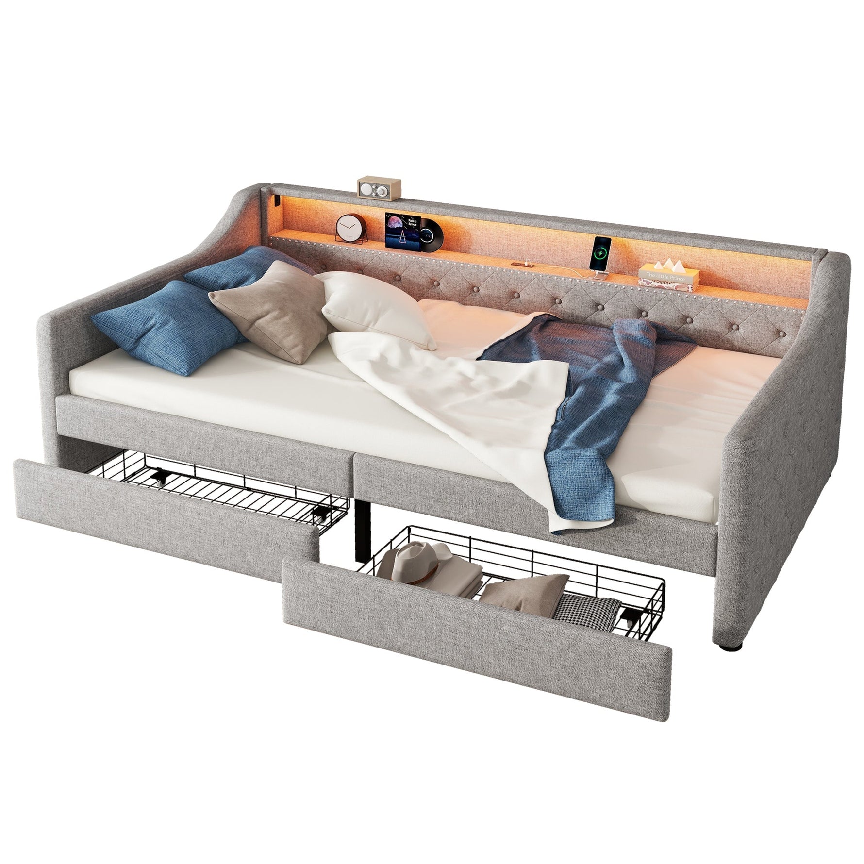 Daybed with LED Lighting, Slatted Base, Drawers and USB Port, Grey Linen
