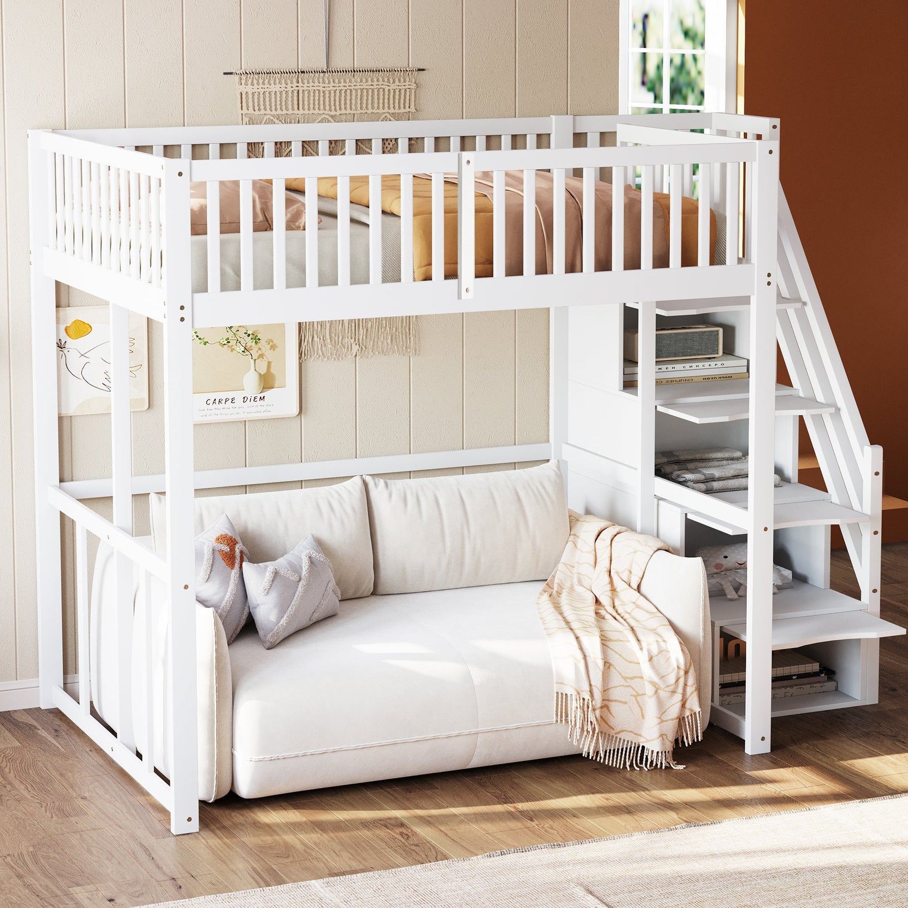 Loft Bed 140x200cm with Safety Storage Ladder and Railing, White Solid Pine Wood